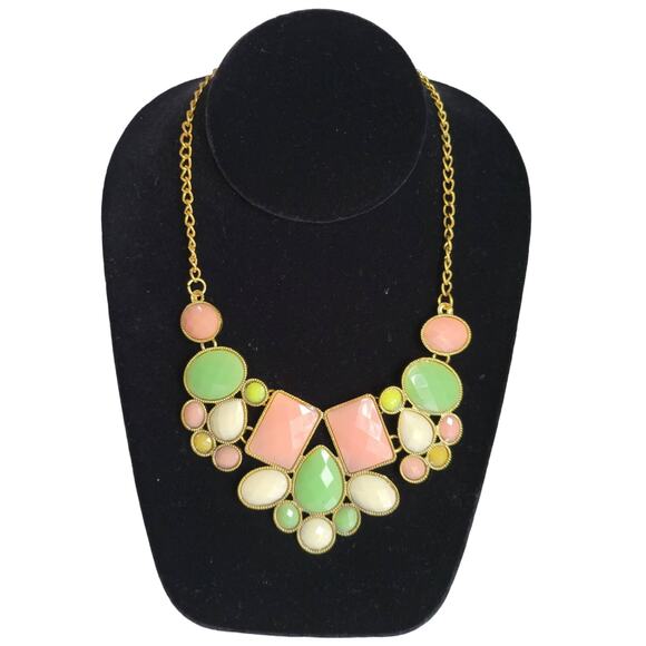 Statement Bib Necklace Gold Tone Large Faux Stone Peach Mint Cream Pastel Summer - Picture 1 of 7
